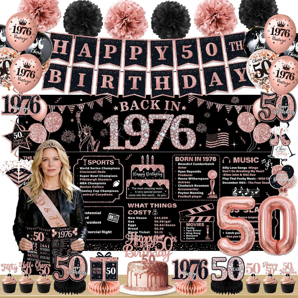 Rose Gold 50Th Birthday Decorations for Women – 63Pcs Happy 50Th Birthday Banner