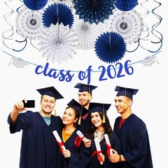Navy-Blue Silver Party-Decorations Graduation Banner-Streamers – 18pcs Kits C…