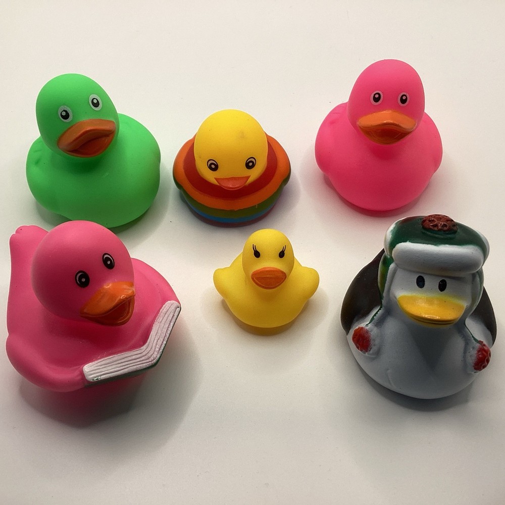 Lot Of 6 Rubber Ducks W/ Book / Rainbow / Winter / Baby / Pink / Green Used/Nice