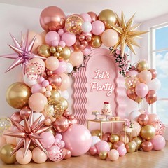 Rose Gold Balloon Arch Kit with Pink, Gold, and White Balloons for Parties