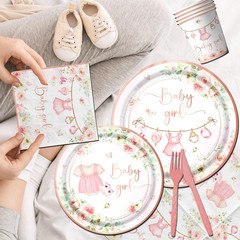 Rose Gold Baby Shower Tableware Set,Pink Girl Baby Shower Plates and Napkins Set
