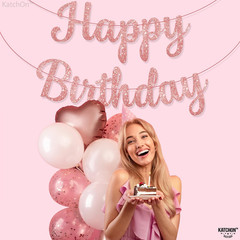 Glitter Rose Gold Cursive Happy Birthday Banner – Pre-Strung 10 Feet | Pink Happ
