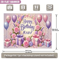 1pc 2D Personalized Happy Birthday Banner Custom Name Age Floral Balloon Party♪