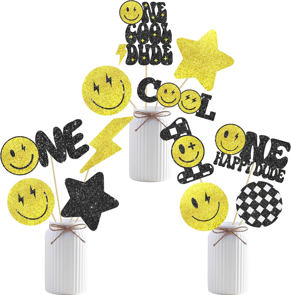 12Pcs Glitter One Happy Dude Party Centerpiece Sticks One Happy Dude Birthday Pa