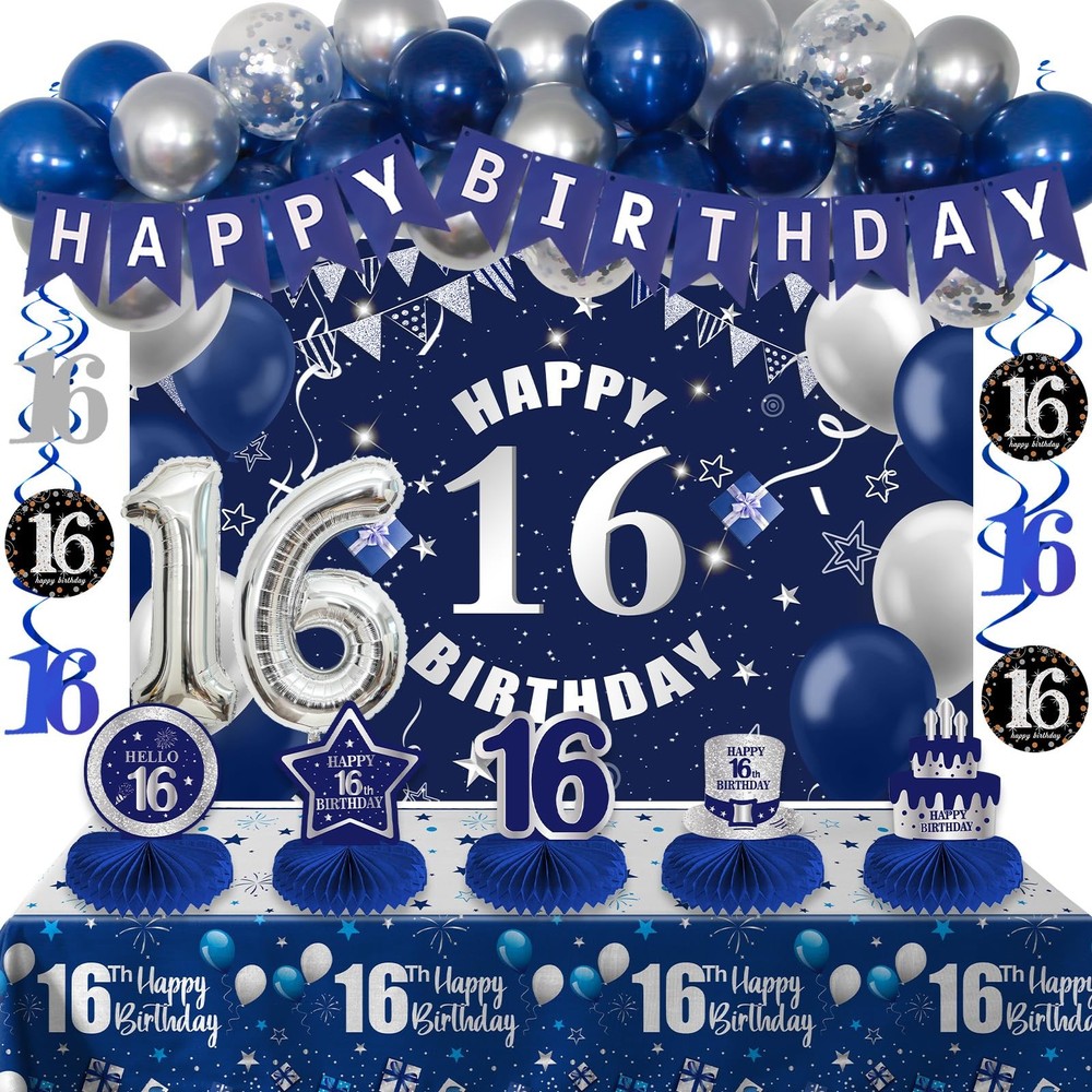 Blue Silver 16th Birthday Decorations for Boys Girls, Sweet 16 Party Decorati…