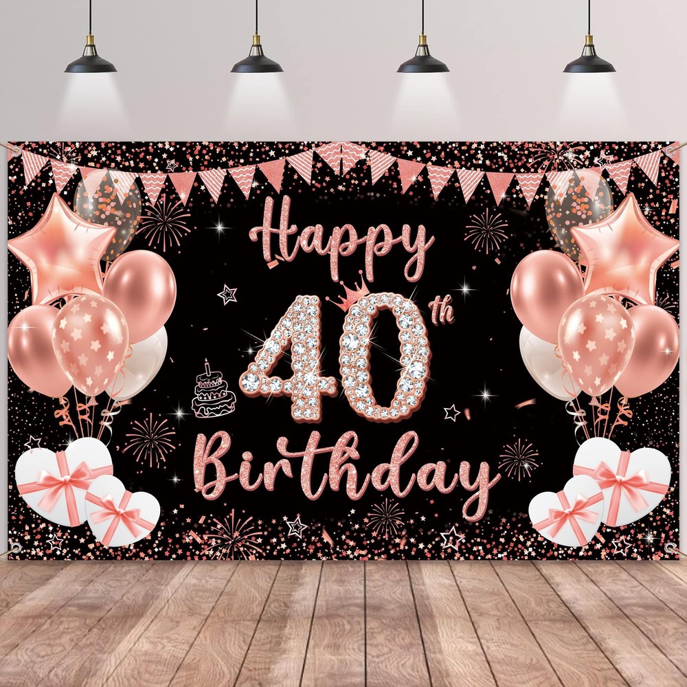 40th Birthday Decoration Backdrop Banner – Black Rose Gold Happy 40