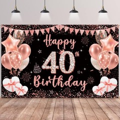 40th Birthday Decoration Backdrop Banner – Black Rose Gold Happy 40