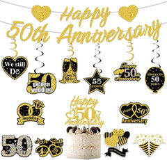 Pre-Strung Glitter 50Th Anniversary Banner Decorations, Happy 50Th Wedding Anniv