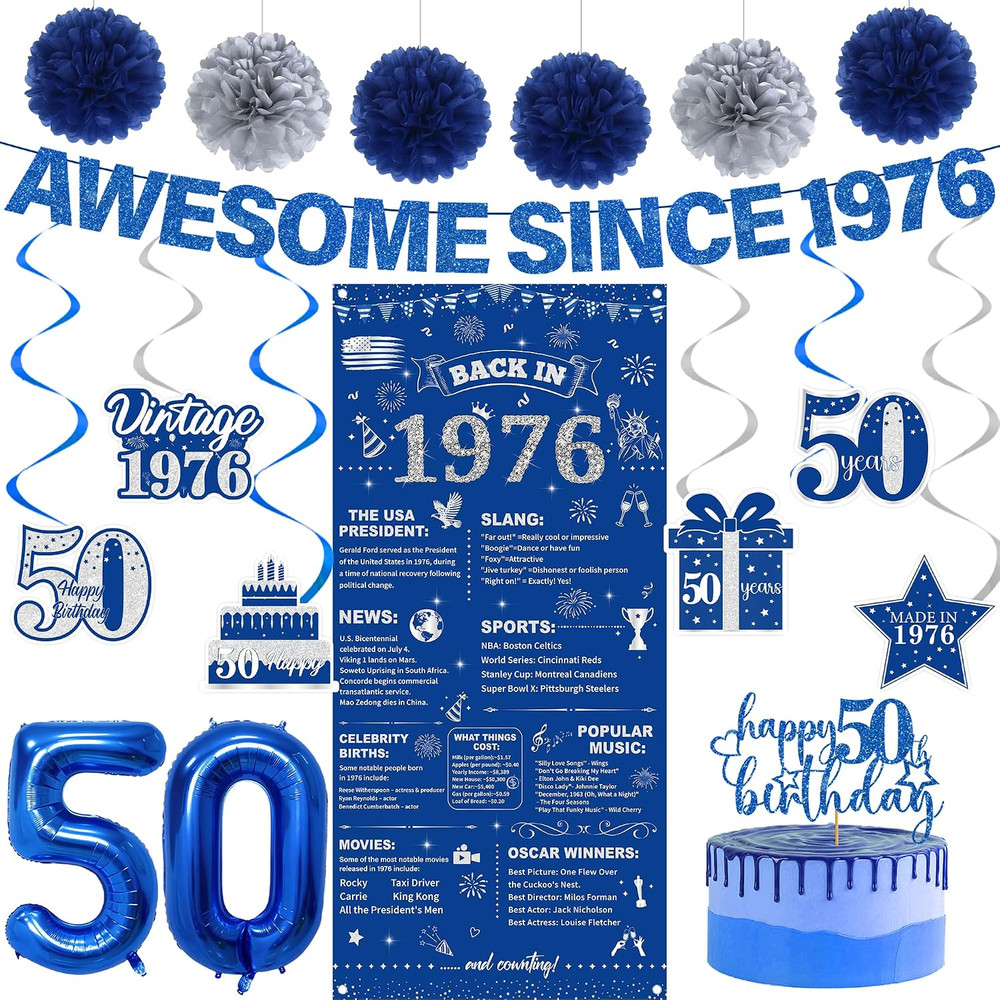 50Th Birthday Decorations Men Kit – 16 Pcs Blue Sliver Awesome since 1976 Banner