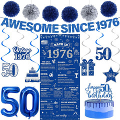 50Th Birthday Decorations Men Kit – 16 Pcs Blue Sliver Awesome since 1976 Banner