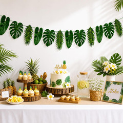 Tropical Leaf Garland Banner Decorations, Pre-Strung Cardboard Monstera Palm Lea