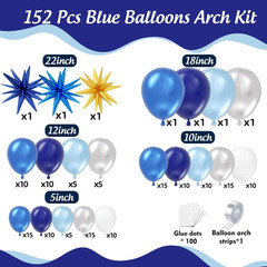 Blue White Silver Balloons Arch Kit 152Pcs with Star, Navy Light Metallic Blue S