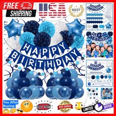 Navy Blue Birthday Decorations, Happy Birthday Banner with Paper Pompoms, Han…
