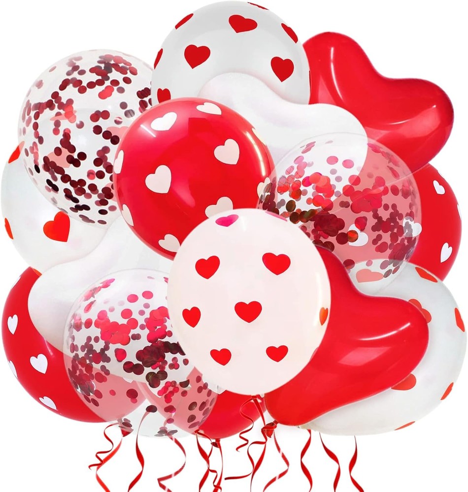 75 PCS Valentine Heart Balloon Decoration Kit – Red & White Confetti Latex
