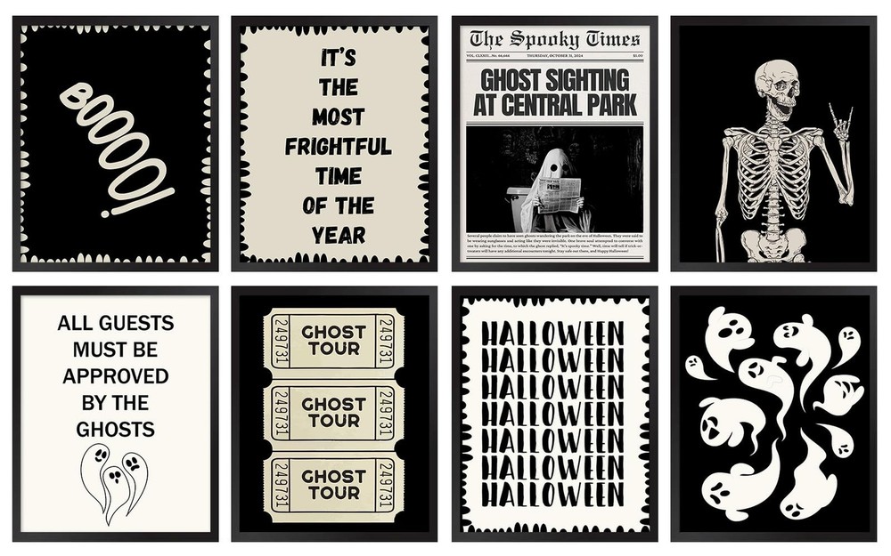 JarThenaAMCS 8Pcs Halloween Wall Art Prints Ghost Skeleton Paper Posters Deco…