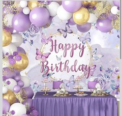 Purple Butterfly Birthday Backdrop for Girl, Purple Floral Butterfly Birthday Pa