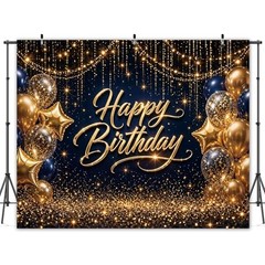 7x5ft Navy Blue and Gold Happy Birthday Backdrop for Men Adults, 215x150cm