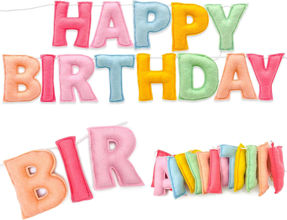 Pre-Strung 3D Pastel Felt Happy Birthday Banner, Handmade Macaron Color Birthday