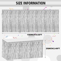 2 Pack 29.5×108 Inch Silver Foil Tinsel Fringe Table Skirts, Disposable Table