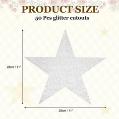 50 Pcs 11 Inch Double Printed Glitter Star Cutouts, Silver White
