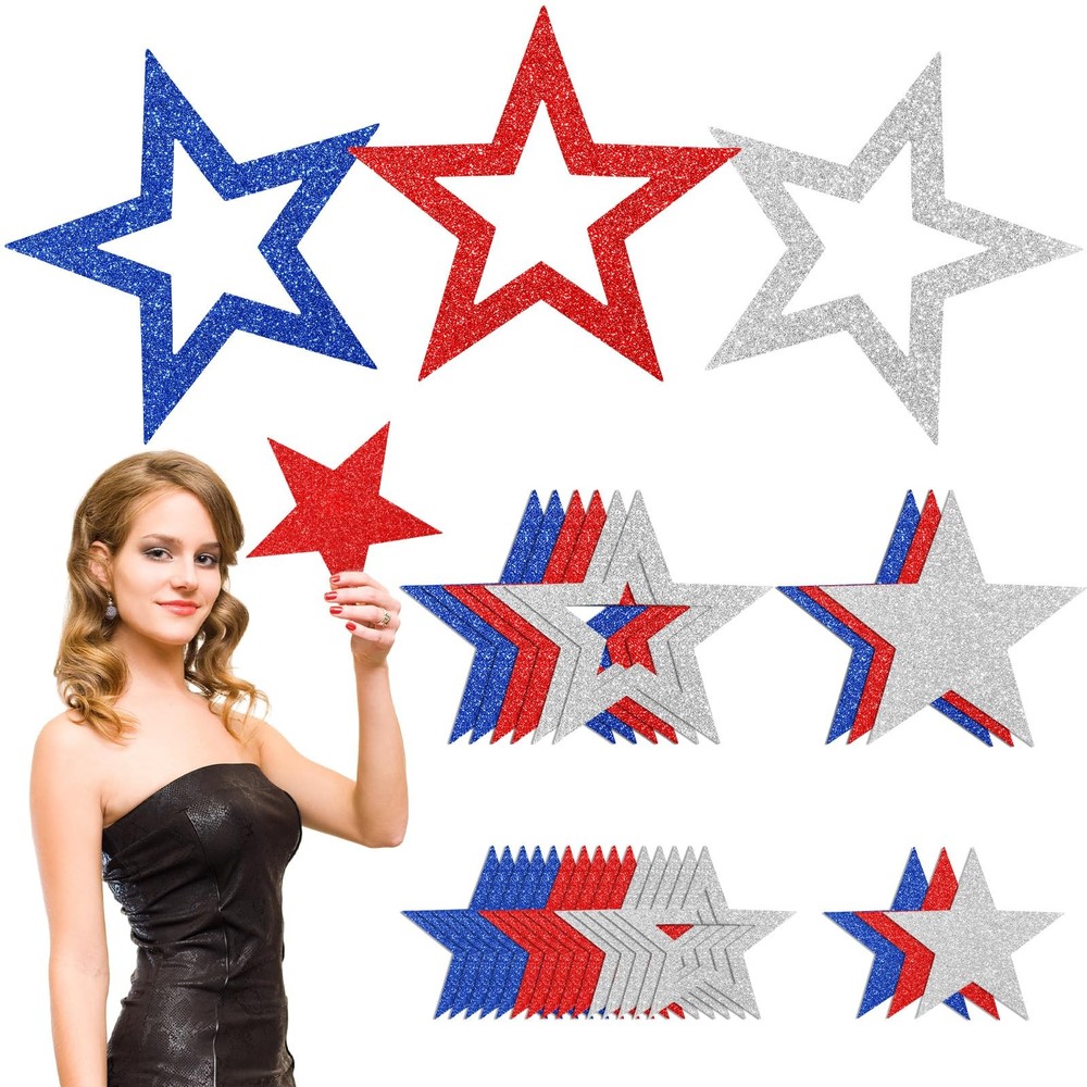 30 Pcs Large Patriotic Star Cutouts Paper Decorations 3 Sizes 6/9.8/10.6 Inch
