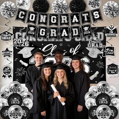 Class of 2026 Graduation Decorations Black & Silver All-in-1 Banner Balloon Kit