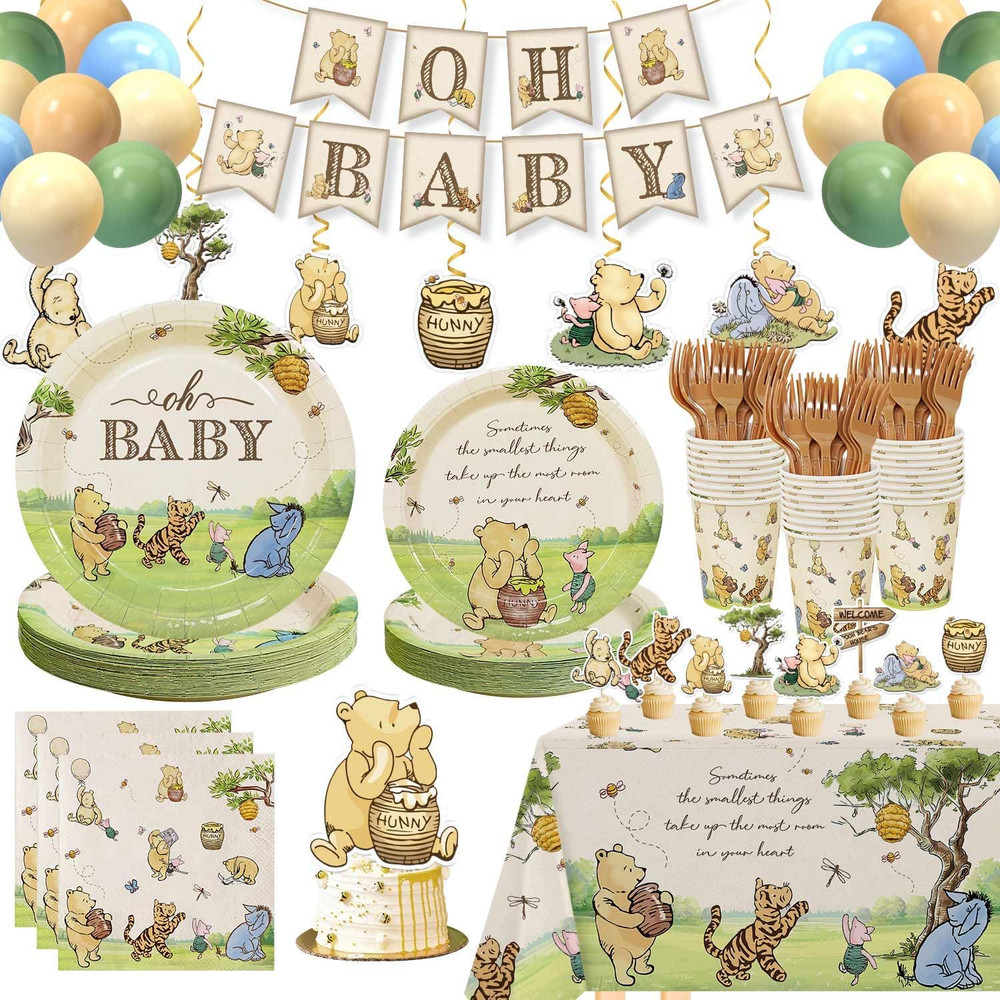 Classic Winnie Bear Baby Shower Decorations Plates Set, Neutral Vintage Pooh Oh