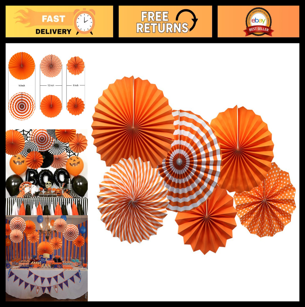 Orange Paper Fans Set – Round Pattern Hanging Decorations for Birthday, Wedding,