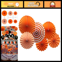 Orange Paper Fans Set – Round Pattern Hanging Decorations for Birthday, Wedding,