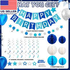 Birthday Decorations, Happy Birthday Banner with Honeycomb Balls, Swirls Set Hap