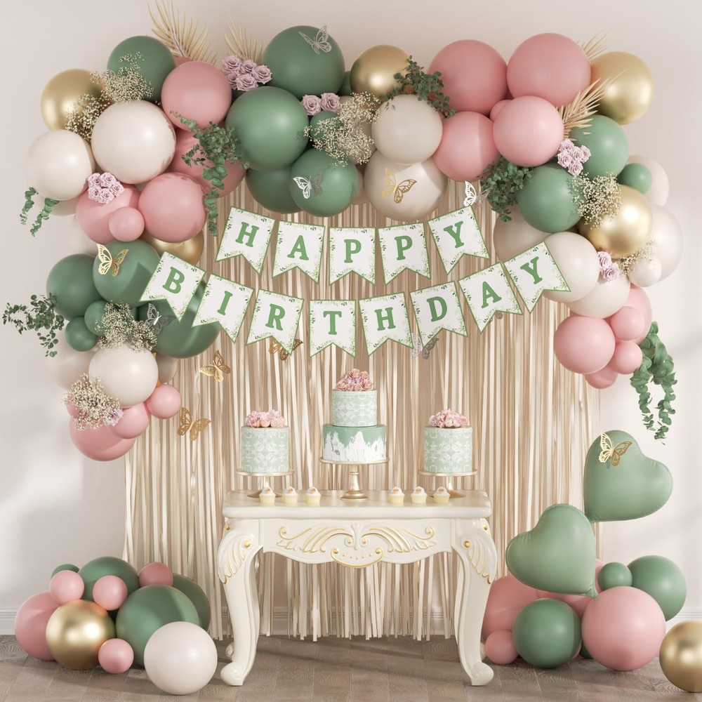 Pink and Sage Green Birthday Decorations with Light Pink Sage Green Sand Whit…