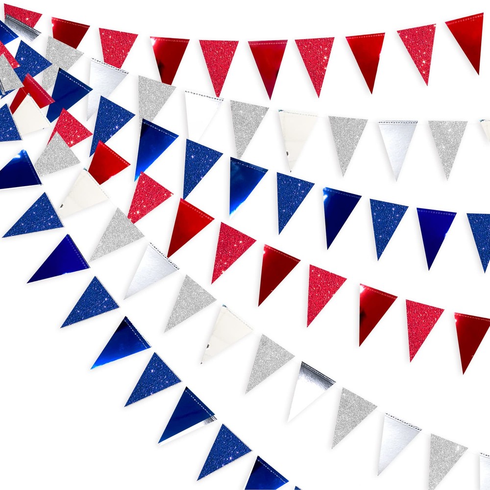 30 Ft Red Silver Blue Triangle Pennant Banner Bunting Hanging Paper Flag Garl…