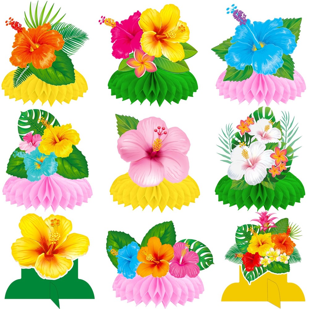 12 PCS Hawaiian Tropical Honeycomb Centerpieces Hibiscus Flower Luau Party