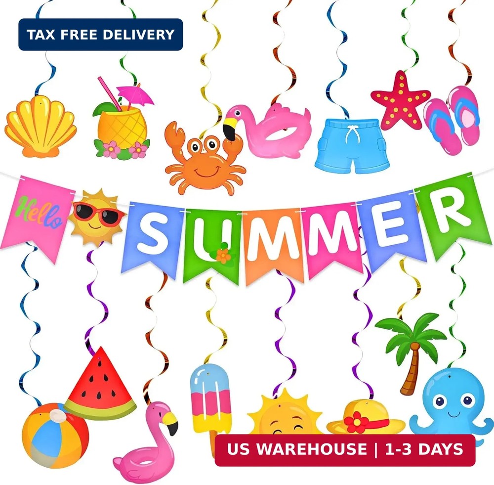 25PCS Hello Summer Pool Party Decorations – Tropical Banner and Beach-Themed Han