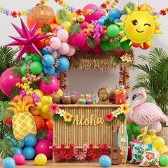 Flamingo Tropical Balloon Set Hot Pink Orange Yellow Green Blue Gold Decor