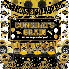 Graduation Decorations 2026 Black and Gold Class of 2026 Banner Congrats Grad B.