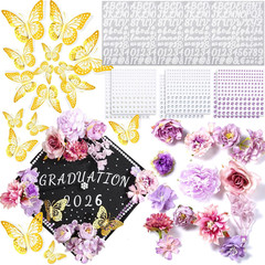 DIY Graduation Cap Decorations Kit Included Faux Flowers 3D Butterfly Self Adhes
