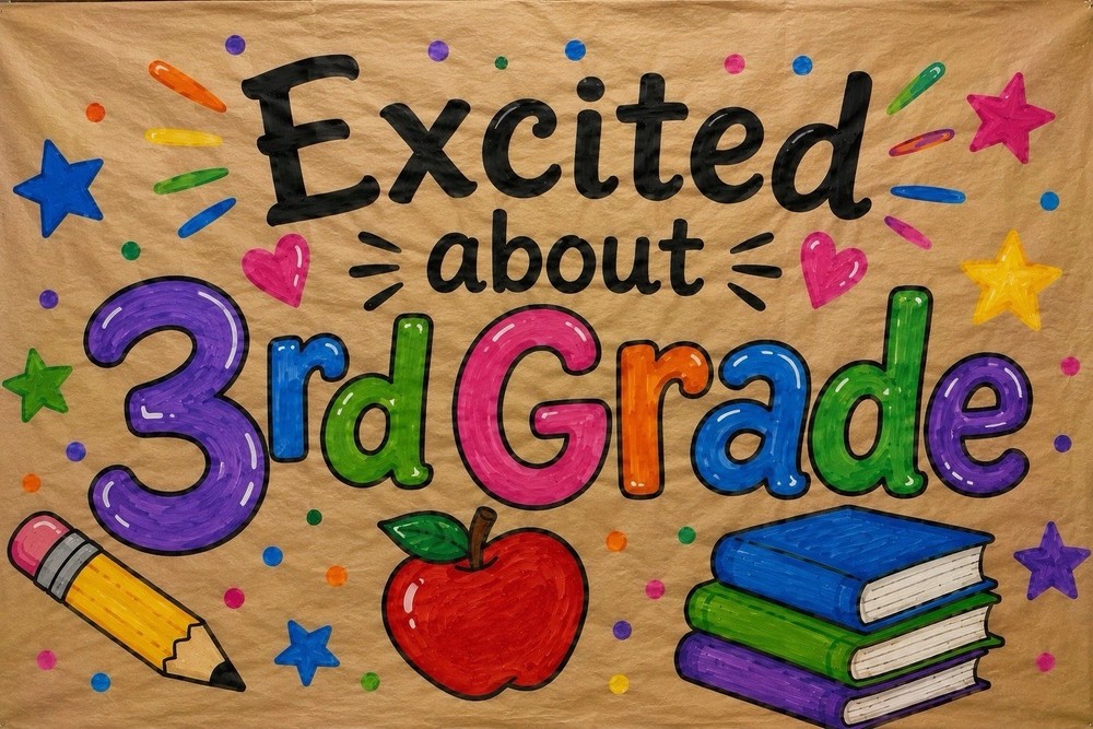 Backdrop “Excited About 3rd Grade” hand painted Multicolor-30×60”