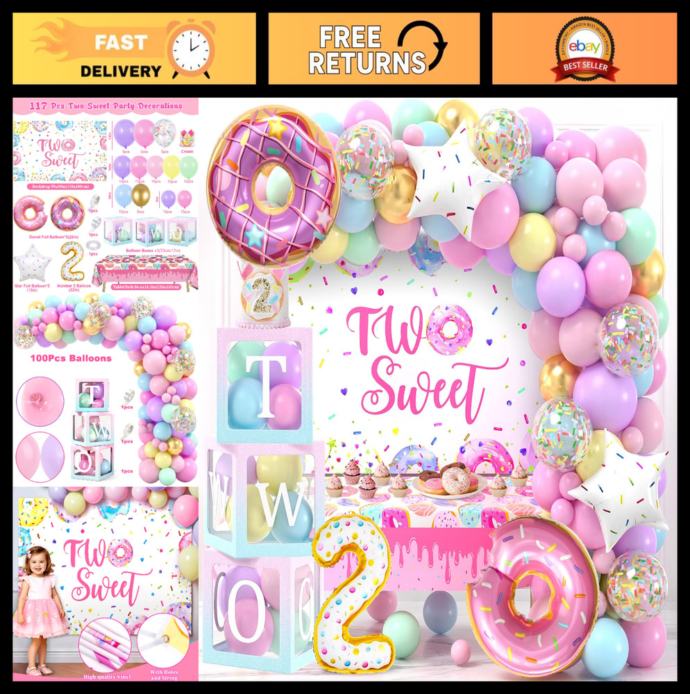 2nd Birthday Party Decorations – ‘TWO’ Boxes, Donut Balloon Arch, Tablecloth, Cr