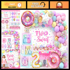 2nd Birthday Party Decorations – ‘TWO’ Boxes, Donut Balloon Arch, Tablecloth, Cr