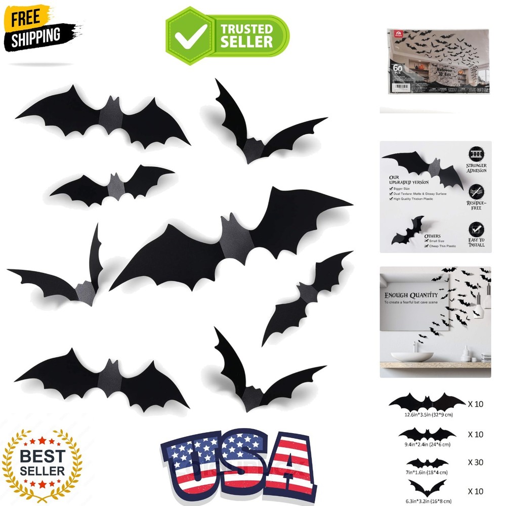60PCS Halloween Bats Decoration, 4 Different Sizes Realistic PVC Black 3D Sca…