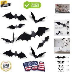 60PCS Halloween Bats Decoration, 4 Different Sizes Realistic PVC Black 3D Sca…