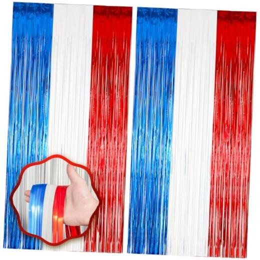Pack Red White and Blue Foil Fringe Backdrop Curtains, Tinsel 2 Redblue
