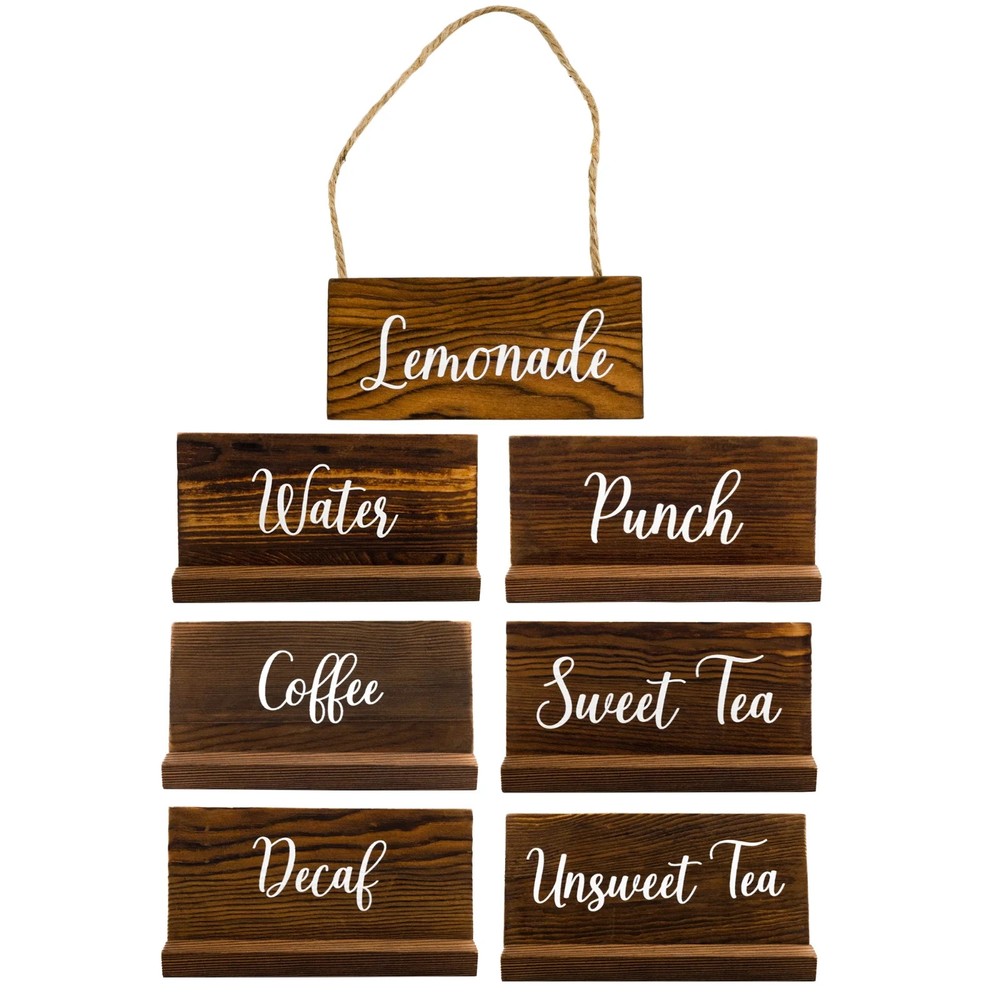 Wood Beverage Labels Sign Set , 7 Pc Drink Labels Carafe, Dispenser, Bottles