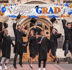 Congrats Grad Banner Decoration-Class 118 inches x 24 inches, Orange and Blue