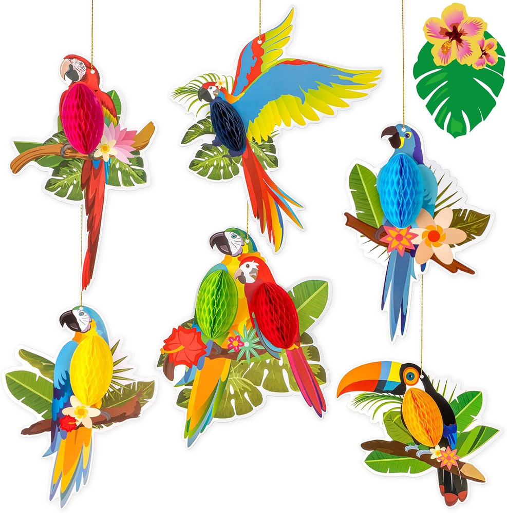 6 Pieces Hawaiian Tropical Parrot Honeycomb Decorations, Luau Party Decorations