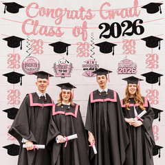Pink Graduation Decorations 2026 Set Include Glitter Class of 2026 Banner Garlan