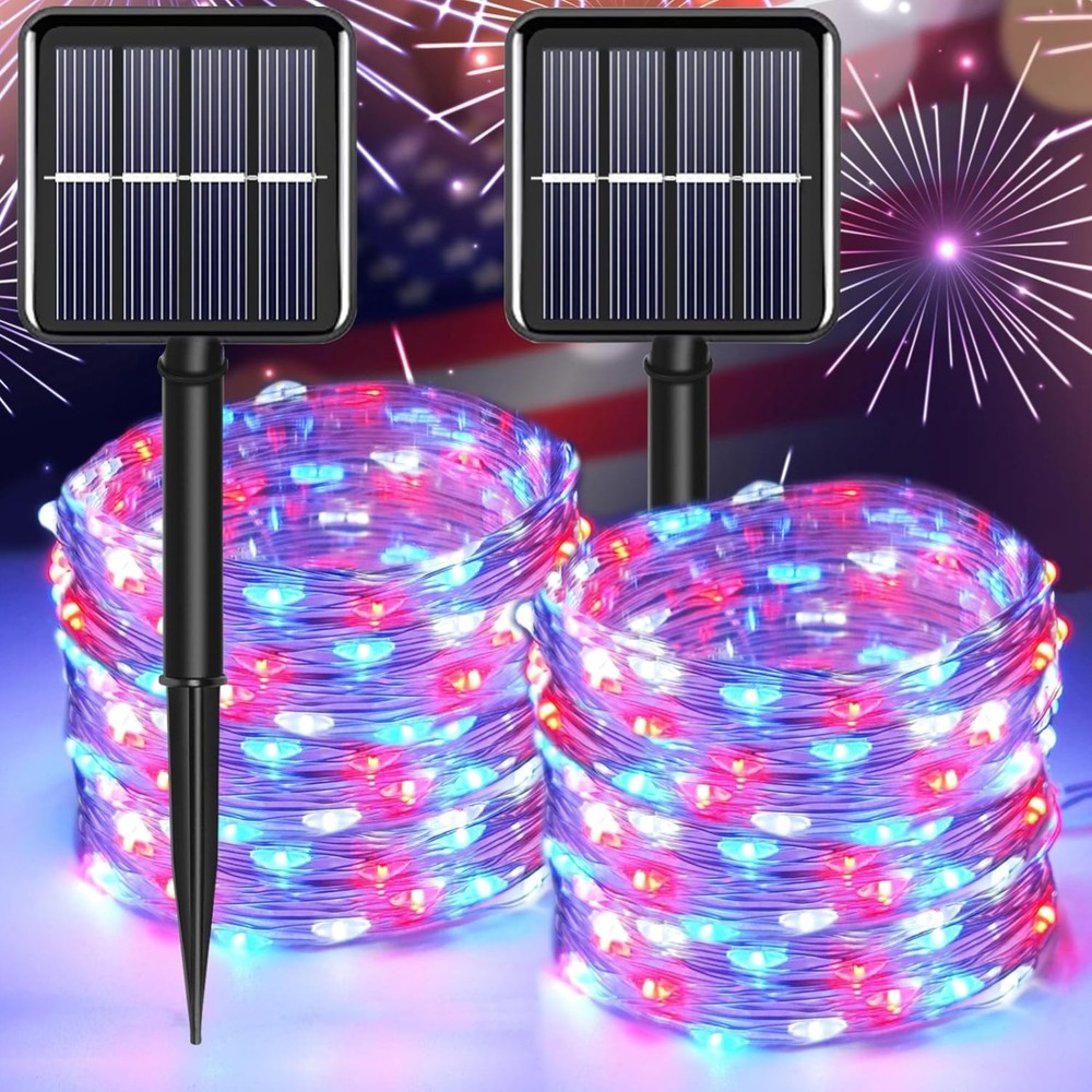 Patriotic String Lights Outdoor Solar 200LED 66ft Waterproof 8 Modes Yard Garden