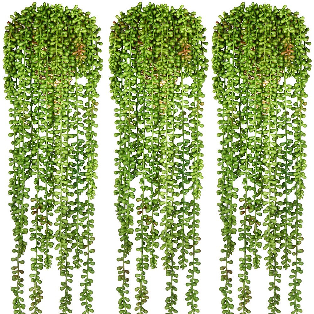 CLONG 3pcs Artificial Fake String of Pearls Plant Faux Succulents Dark Green