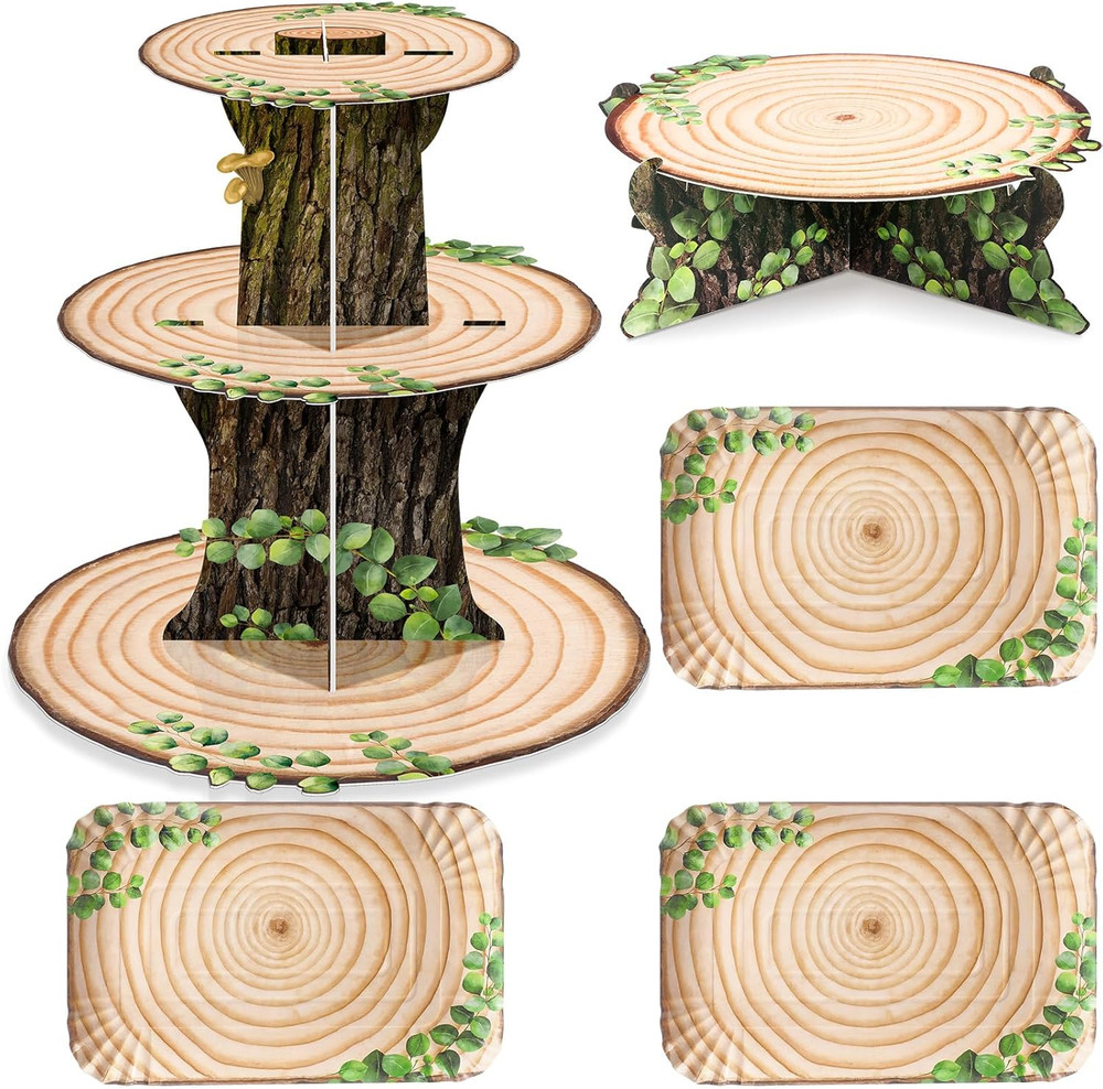 5 Pcs Woodland Cupcake Stand Sets Woodland Baby Shower Decoration Wood Grain Rec